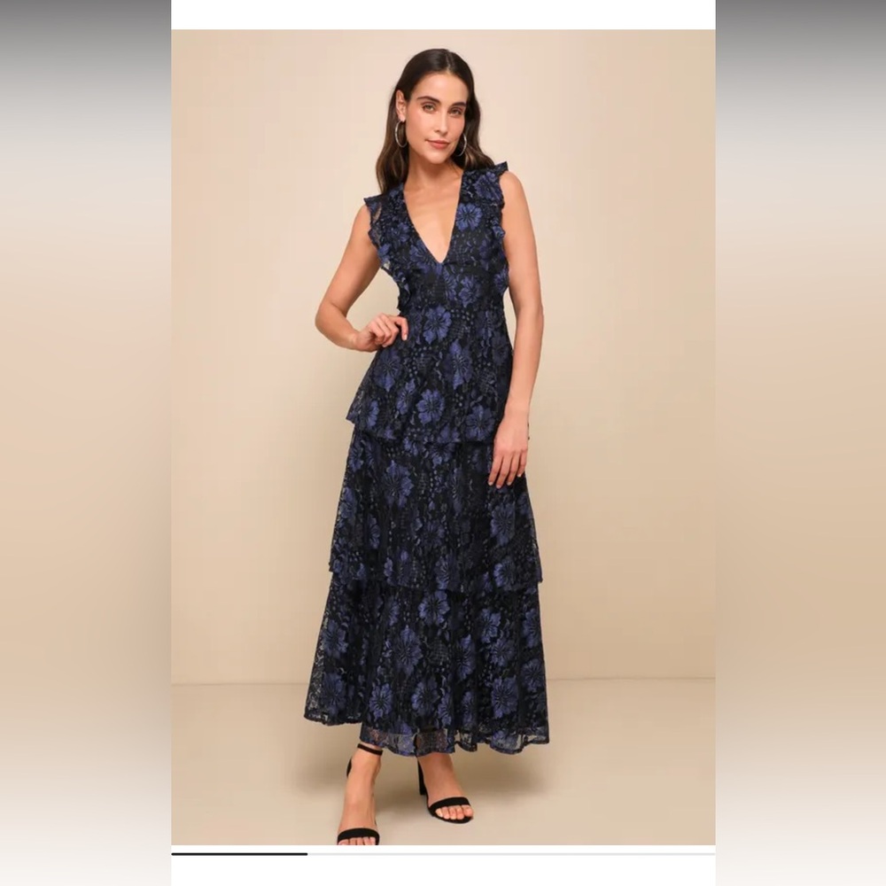 Lulu's Black and Blue Floral Lace Maxi Dress
